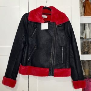 Faux Leather Moto Jacket with Red Fur Trim